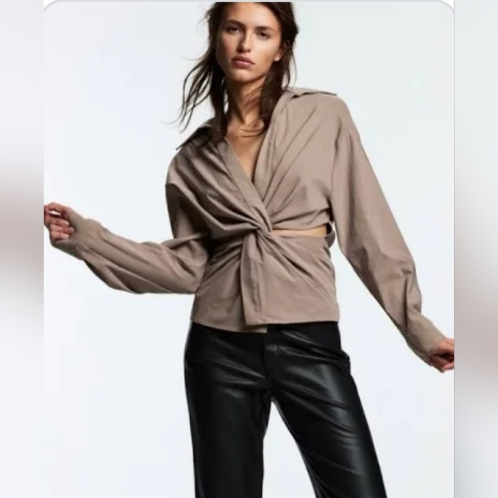 NWT Zara Tan Twist Front Cut Out Waist Shirt